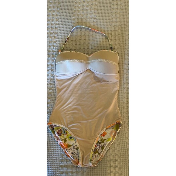 J. Crew One Piece Swimsuit Sz 6 Peach Green Floral Strapless r w/ Strap J.Crew - Picture 9 of 12